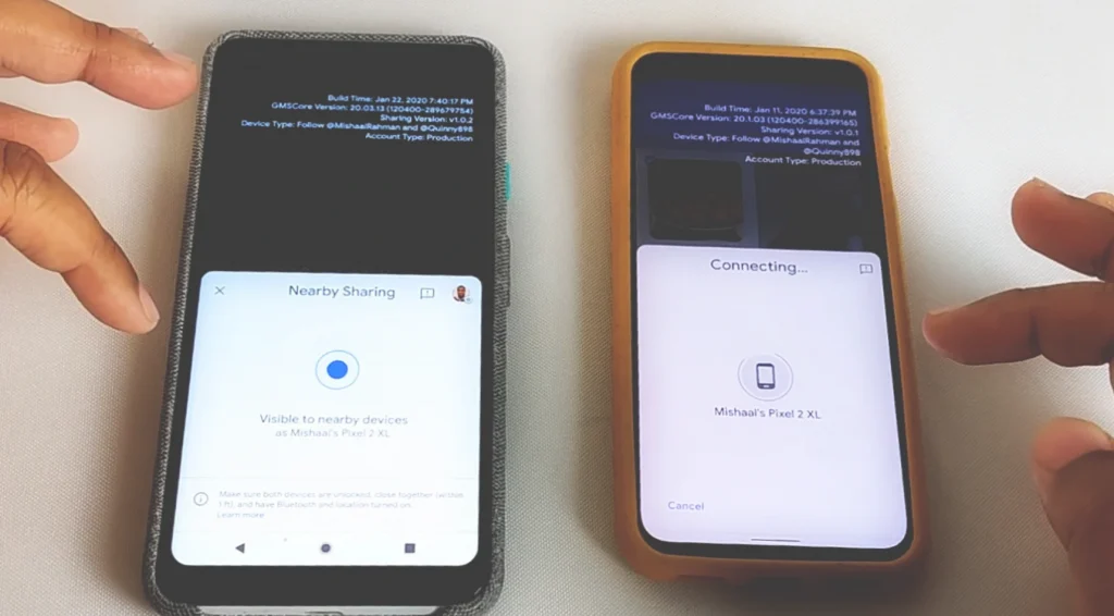 Nearby Share apps on two smartphones