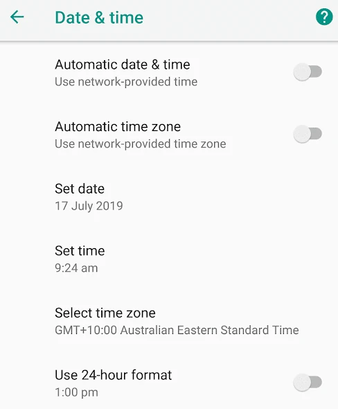 Date & Time Android settings