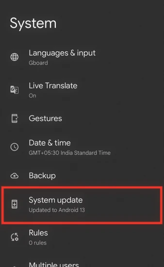 System update Android menu