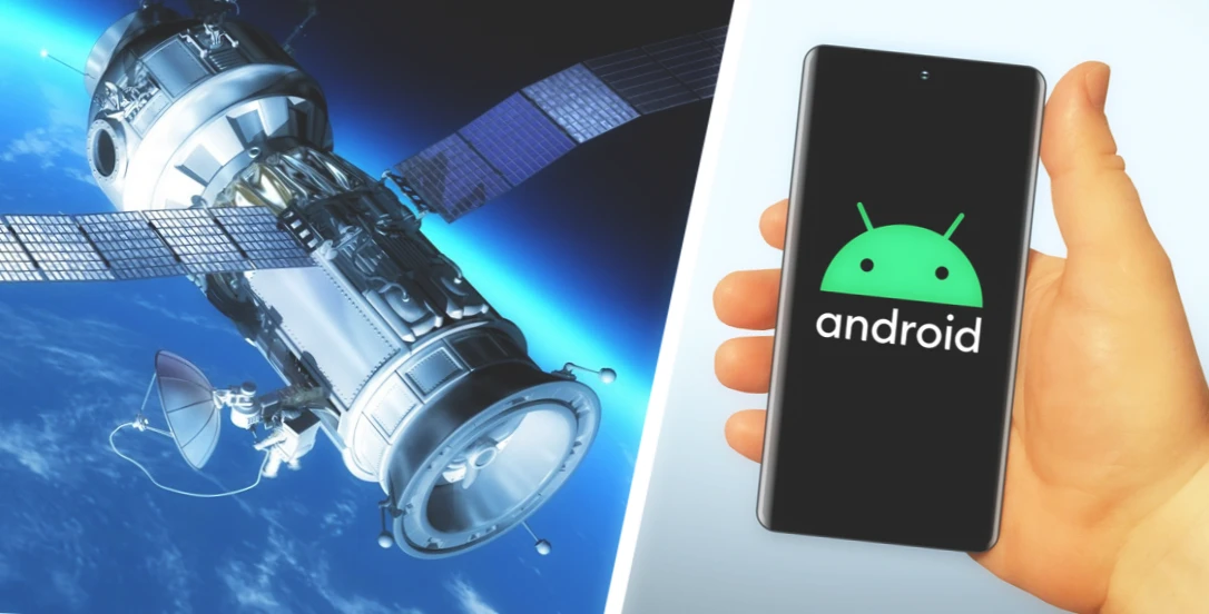 Satellite in the space and smartphone in the hand